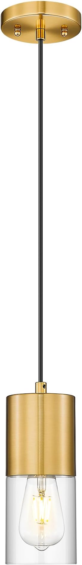 Gold Pendant Lights Kitchen Island, Hanging Lights Fixtures with Cylinder Clear Glass, Modern Brass Kitchen Pendant Lighting Over Island for Dining Room, AD-24023-1P-GD