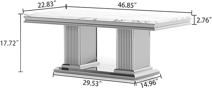SSLine Rectangular Faux Marble Coffee Table for Living Room Modern Luxury White Marble Center Table with Silver Pedestal Base 46.8" Mid-Century Cocktail Table with Mirrored Stainless Steel Frame