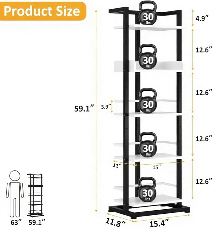 Hosfais Book Shelf Tall Bookshelf: 5 Tier Wood Bookcase with Metal Edge Protection Industrial Narrow Bookshelf Corner Storage Organizer Display Book Rack for Living Room Bedroom Office (Black White)