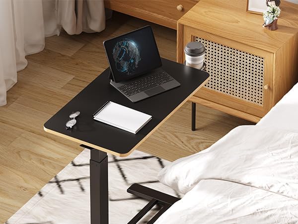 Medical Overbed Adjustable Bedside Table with Hidden Casters, Pneumatic Mobile Rolling Laptop Standing Desk with Tray for Home and Hospital Use, Black