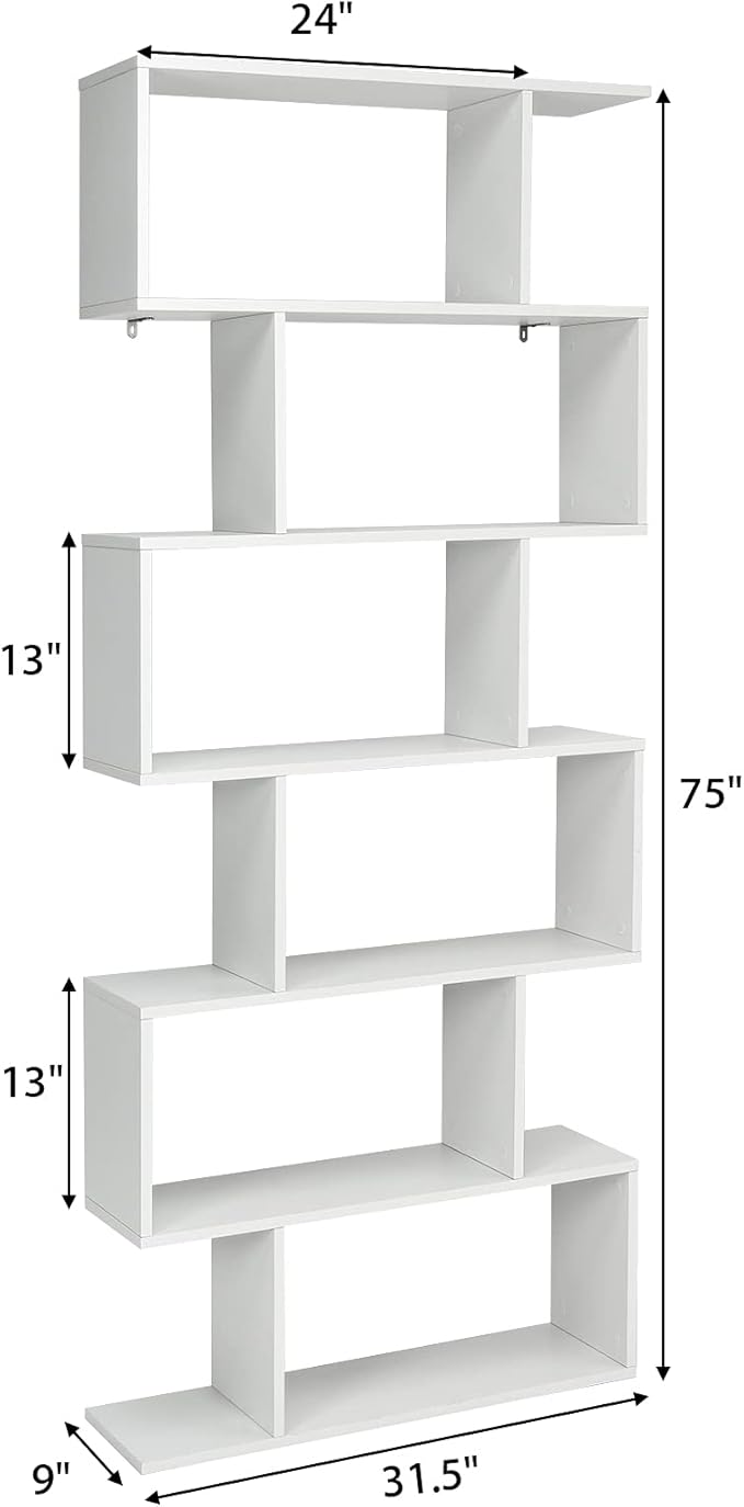 Tangkula 6-Tier Geometric Bookcase, Modern S-Shaped Storage Display Bookshelf for Living Room, Anti-Toppling Device, Home Office Wooden 6 Shelf Open Bookcase (2, White)