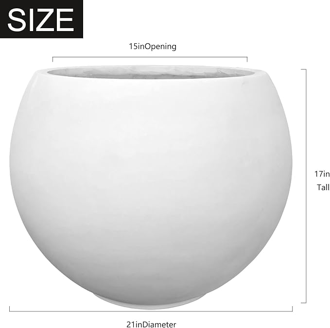 17 H x 21" Dia (15" Pot Opening) White Round Fiberstone Tall Planter with Drainage Hole, Indoor/Outdoor Large Plant