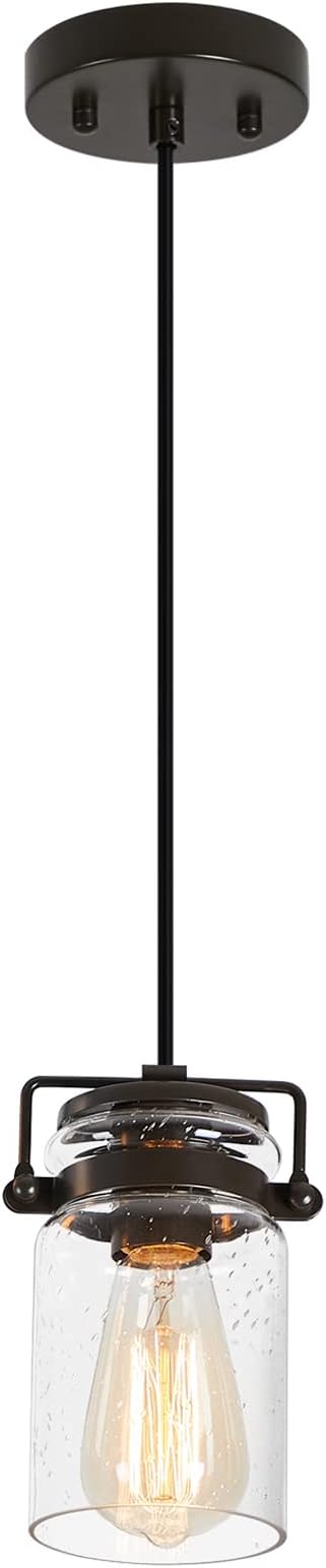 Pendant Lighting for Kitchen Island, Modern Glass Pendant Light Linear Chandelier for Dining Room, 1 Light Industrial Hanging Light Fixture Adjustable Cord Farmhouse Ceiling Light Black Finish