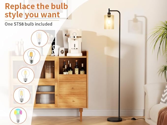 Floor Lamps for Living Room - Standing Lamp with Seeded Glass Shade, Modern Floor Lamp with LED Bulbs, Industrial Floor Lamp for Bedroom, Black Tall Lamp for Office(Light Bulb Included)