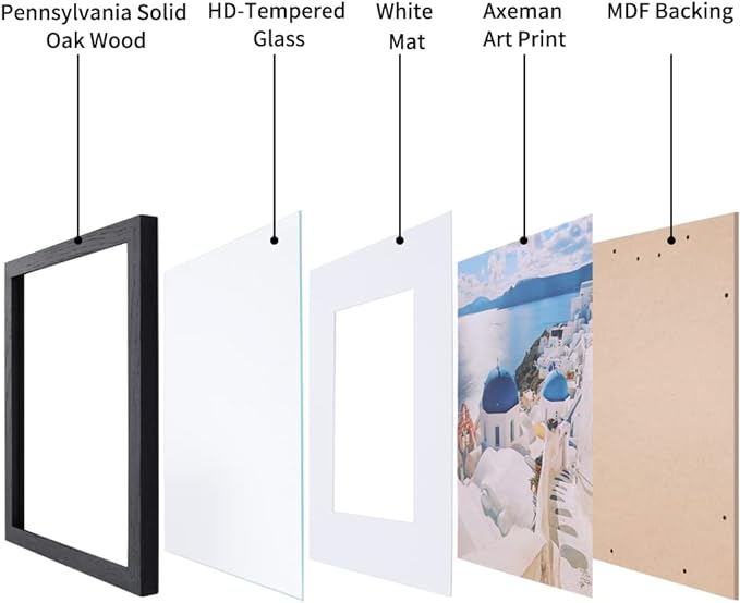 Axeman 11x14 Picture Frame with Mat for 8x10, Solid Oak Wood Picture Frames with Tempered Glass, Natural Wooden 11x14 inch Photo Frame for Wall with Wall Hook Included, Set of 2, Black