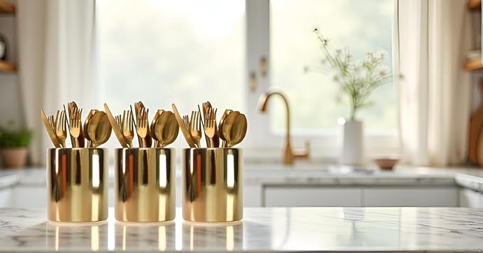 Gold Utensils Holder, Caddy Cutlery Holder Silverware, Utensils Organizer Elegant white Porcelain, Spoon Holder for Party Tableware Holder for Kitchen Table, Cabinet
