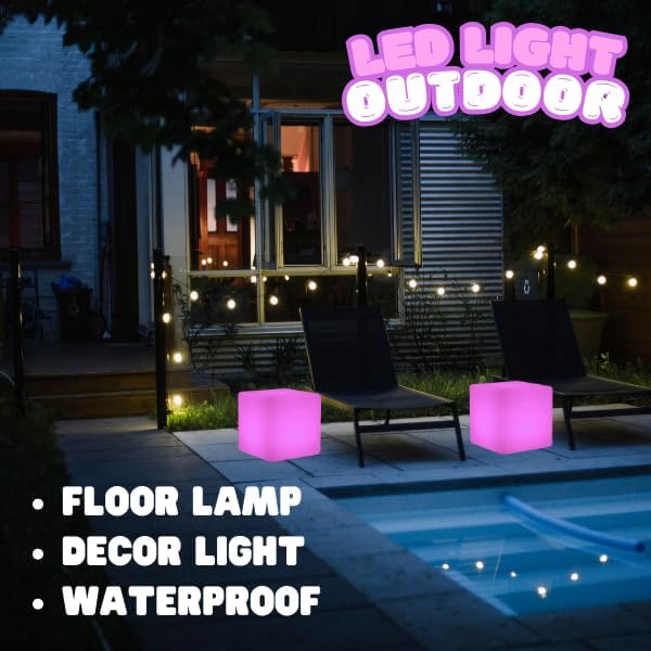 20-Inch LED Light Cube Decorative Glow Furniture Waterproof Rechargeable Adjustable RGB Color Changing w/Remote for Party Lamp Night Romantic Indoor Outdoor Lighting