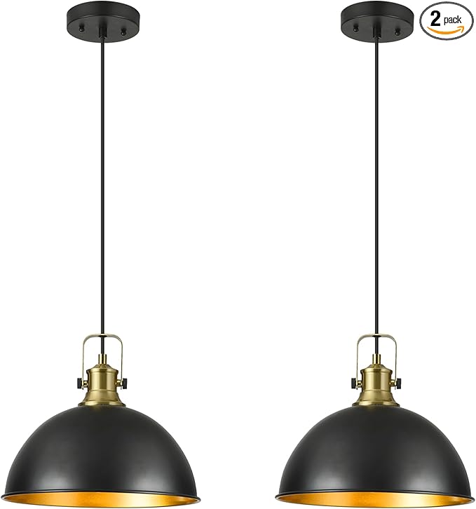12 Inch Farmhouse Pendant Lights for Kitchen Island, Industrial Dome Pendant Lighting, Matte Black and Gold Handle, Adjustable Height, Vintage Hanging Light Fixtures for Barn, Dining Room