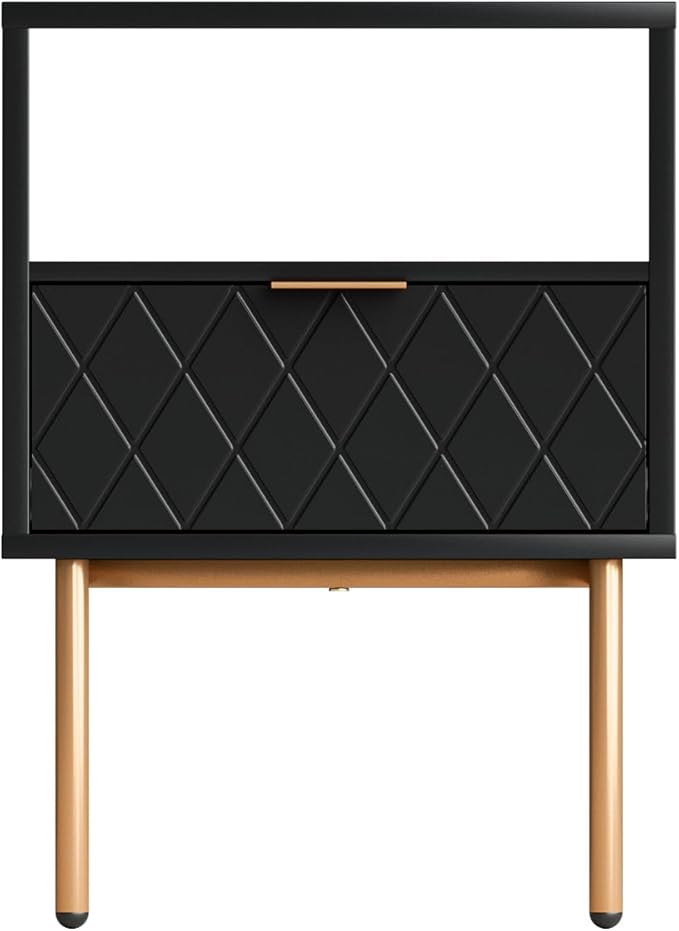 Nightstand,Morden Bedside Table with Gold Frame,Small White Night Stand,End Table,Bedside Furniture,Side Table with Drawer and Shelf for Bedroom,Living Room (1Drawer, Black-Square)