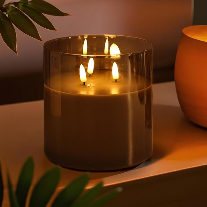 NICEME Extra Large 3 Wick Battery Operated Candle, 6"x6" Big Clear Glass Flameless Candles with Remote, Real Wax Flickering Led Pillar Fake Giant Candle for Wedding Party Holiday Home Decor, Grey