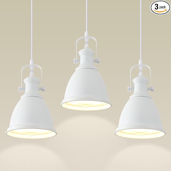 White Pendant Lights Kitchen Island 3 Pack, Vintage Pendant Light, 6.5’’ Farmhouse Pendant Light Fixtures, Adjustable Height, Pendant Lighting for Dining Room, Living Room, Sink, Bar