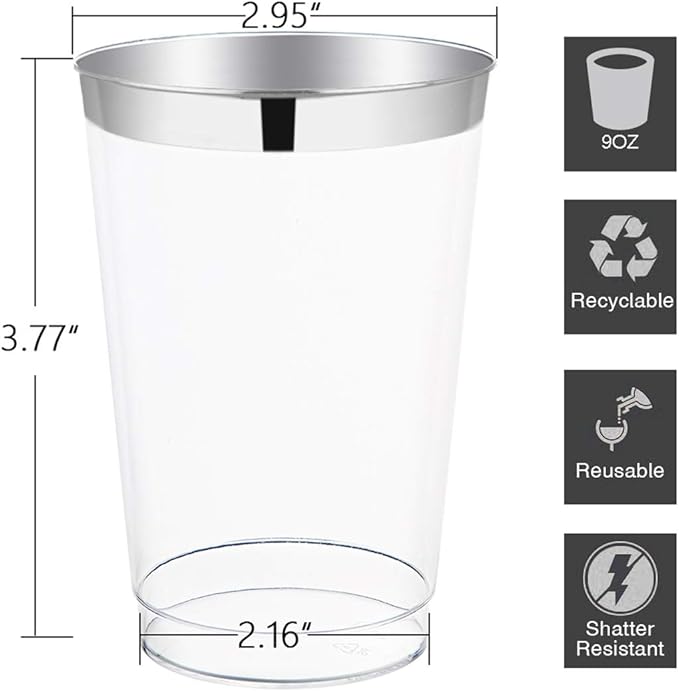I00000 200pcs Silver Disposable Plastic Cups 10 oz Clear Old Fashioned Tumblers With Silver Rim - Fancy Wedding Party Cups, Elegant Wine Glasses, Cocktail Tumblers