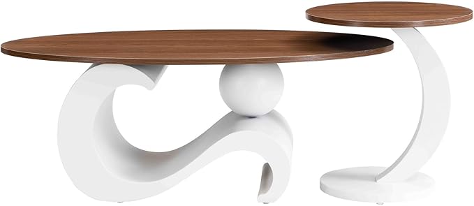 2 Piece Living Room Set, Modern Nest Coffee Table Set of 2, Wooden Brown Tabletop Oval Coffee and End Table Set with White Metal Geometric Base