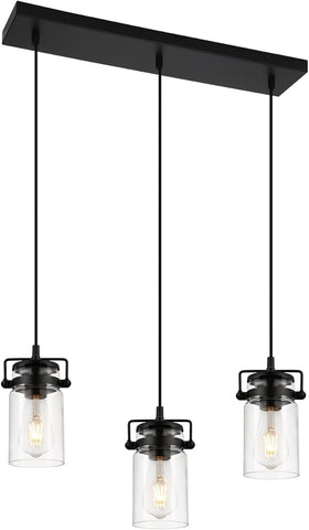 Pendant Lighting for Kitchen Island, Modern Glass Pendant Light Linear Chandelier for Dining Room Industrial Hanging, 3 Light Fixture Adjustable Cord Farmhouse Ceiling Light Black Finish