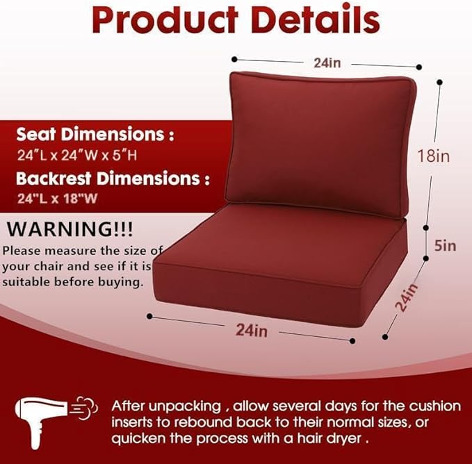 Outdoor Deep Seating Cushion Set, 24" x 24", Waterproof & Fade Resistant Patio Furniture Cushions with Handle, Deep Seat and Back Cushion for Chair and Sofa (3, Red)