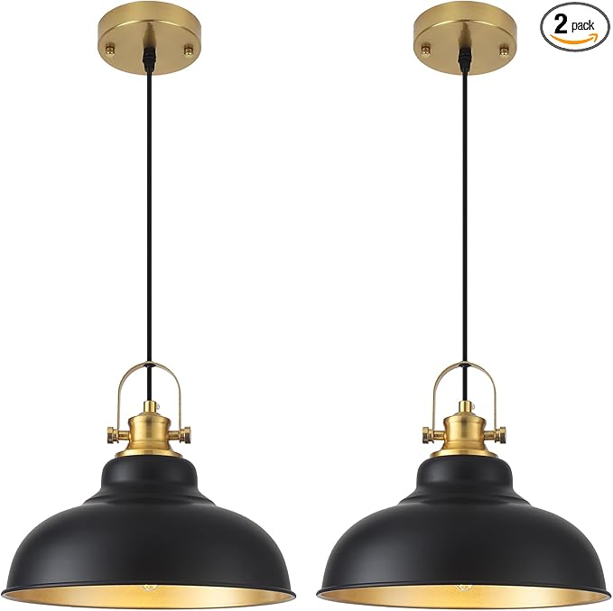 Black and Gold Pendant Light, 11.41 Inch Industrial Pendant Light Kitchen Island, Farmhouse Pendant Lights 2 Packs, Island Pendant Lights for Kitchen, Dining Room, Living Room