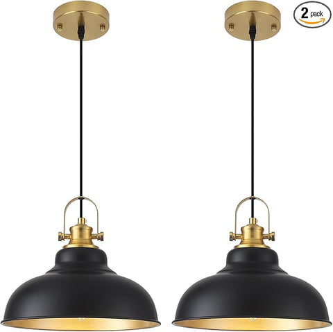 Black and Gold Pendant Light, 11.41 Inch Industrial Pendant Light Kitchen Island, Farmhouse Pendant Lights 2 Packs, Island Pendant Lights for Kitchen, Dining Room, Living Room