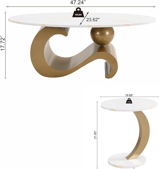 2 Piece Living Room Set, Modern Nest Coffee Table Set of 2, Faux Marble Tabletop Oval Coffee and End Table Set with Gold Iron Geometric Base