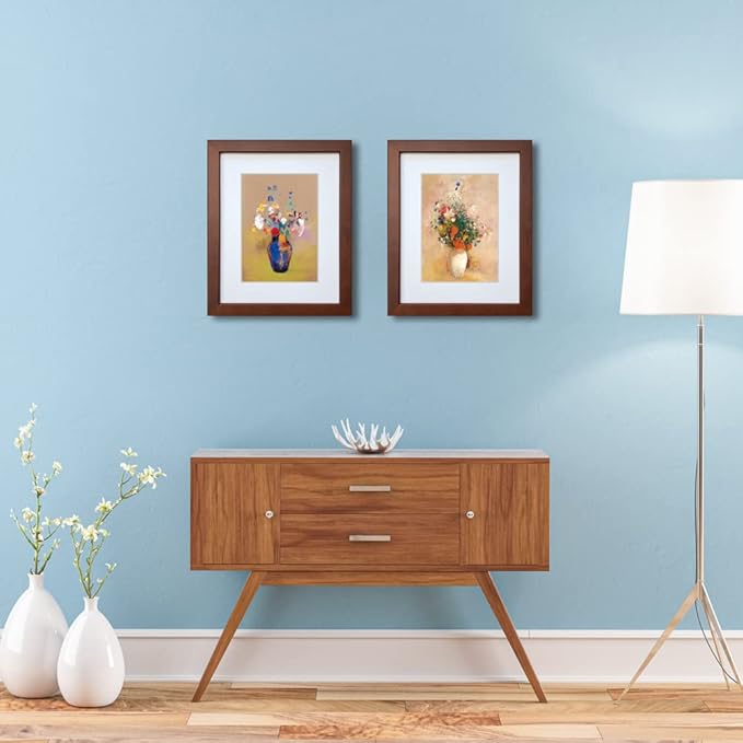 11x14 Picture Frame Set of 2 Made of Solid Wood with Real Glass for Pictures 8x10 with Mat or 11x14 Without Mat, Wall Mount or Tabletop Gallery Photo Frames, Brown