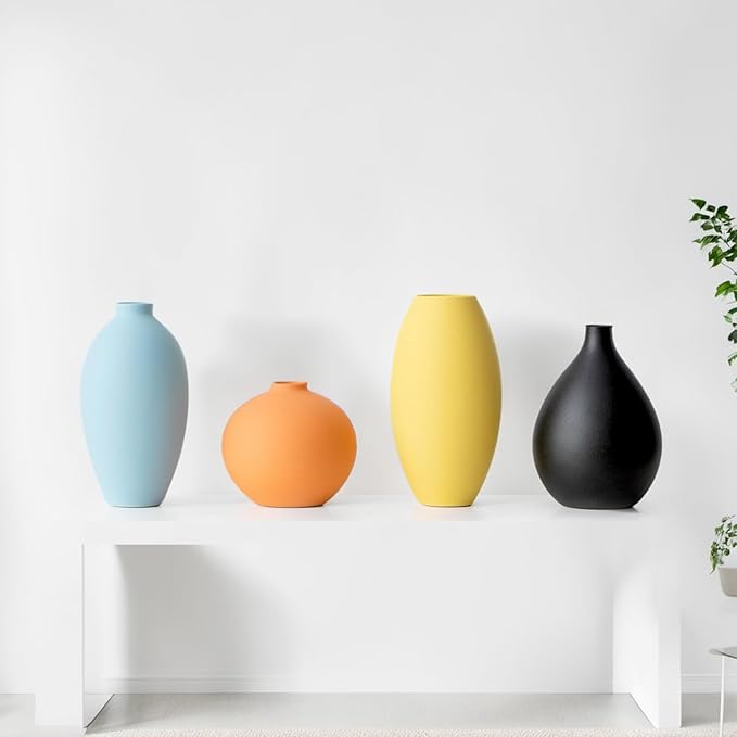 Small Ceramic Matte Vase Set 4 for Modern Home Decor Flower Decoration Office,Bookdesk, Bookshelf, centerpieces, Tables, Living Room, Dining Table, Bedroom Shelf Entryway Ornament Gift