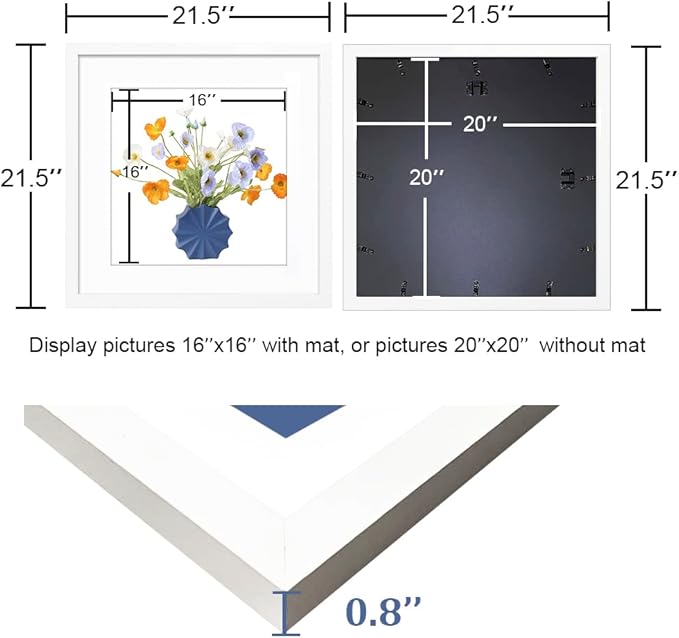 THREELOVE 20x20 Frame White, Display Picture 16x16 with mat or 20x20 Without mat, Photo Poster Picture Frame Wall Mounting Home Decor, 3 PCS