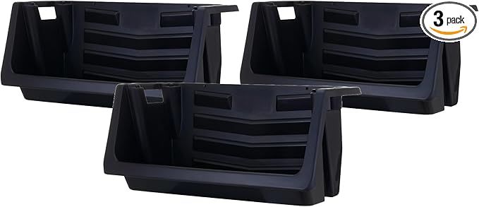 Mighty Tuff Heavy Duty Nesting Stack Bins, Pack of 3, Extra-Large Handles, Wide Front Opening, Interlocking, Stack Vertically, Holds Up To 100 Pounds, Black