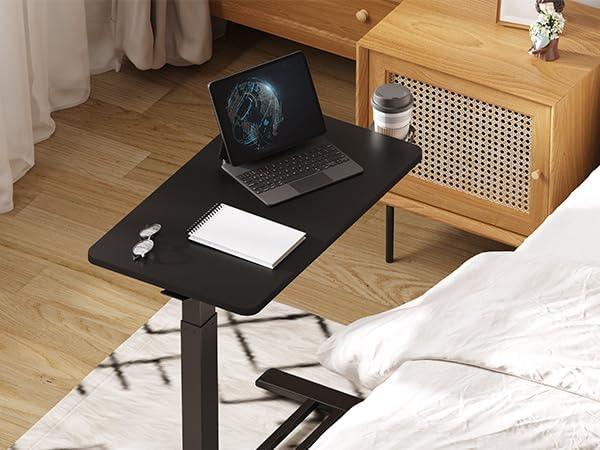Medical Overbed Adjustable Bedside Table with Hidden Casters, Mobile Pneumatic Rolling Laptop Standing Desk with Tray for Home & Hospital Use, Black Table Top + Black Edging