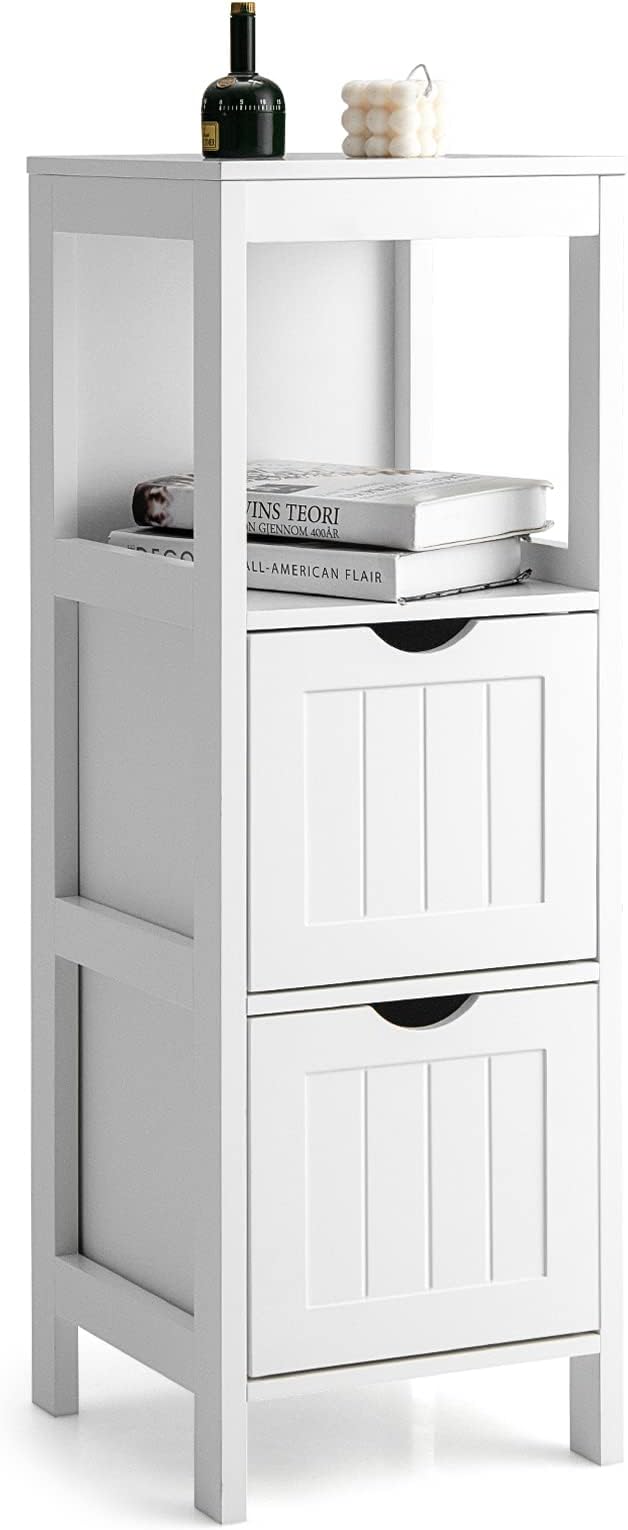 Tangkula Small Bathroom Storage Cabinet with 2 Removable Drawers, Wood Freestanding Floor Cabinet for Bathroom, Anti-Tipping Device, Side Corner Cabinet for Small Spaces (White)
