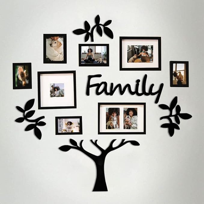 J.M.Deco 13 Pack Family Tree Photo Frame Collection with Lvory Mat Set- Photo Size One 4''x4'' Five 4''x6'' Three 5''x7''- PVC-Wall Mounting Picture Frame for Home Living Room Bedroom 3D Design-Black