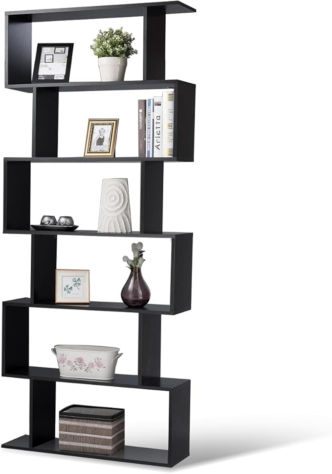 Tangkula 6-Tier Geometric Bookcase, Modern S-Shaped Storage Display Bookshelf for Living Room, Anti-Toppling Device, Home Office Wooden 6 Shelf Open Bookcase (1, Black)