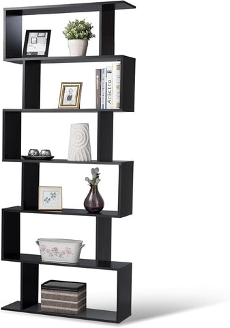 Tangkula 6-Tier Geometric Bookcase, Modern S-Shaped Storage Display Bookshelf for Living Room, Anti-Toppling Device, Home Office Wooden 6 Shelf Open Bookcase (1, Black)