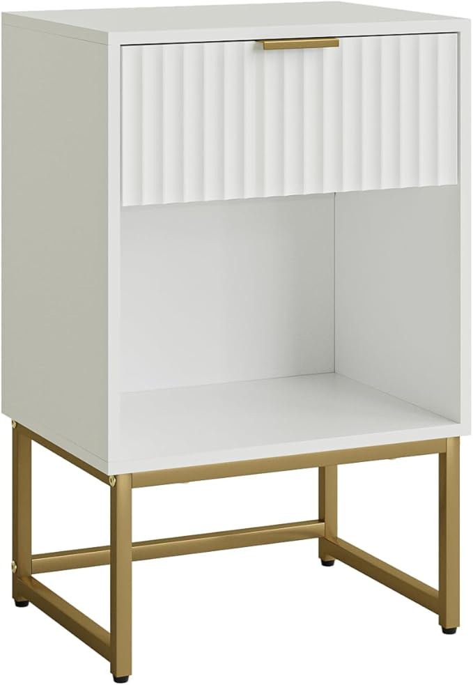 Masupu Fluted Nightstand,Modern Night Stand Wood Bedside Table with Storage Drawer Side End Table for Bedroom,Living Room,Office,White