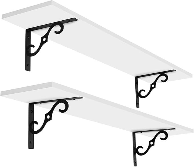 DINZI LVJ Long Wall Shelves, 31.5 Inch Large Floating Shelves Set of 2, Wide Display Shelf Wall Mounted with Brackets, Easy Hanging for Living Room, Toilet, Office, Bedroom, White