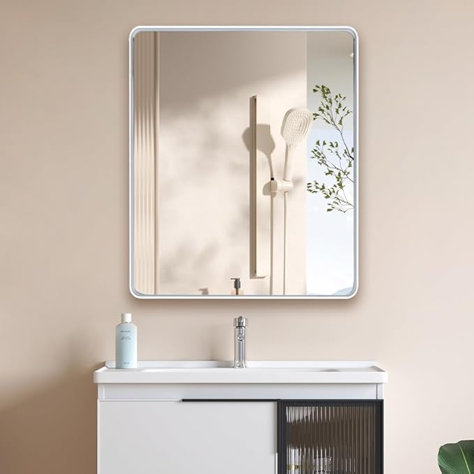 White 28x36 Inch Metal Framed Mirror for Wall, Large Rounded Rectangle Mirror, Anti-Rust, Tempered Glass, Hangs Horizontally or Vertically
