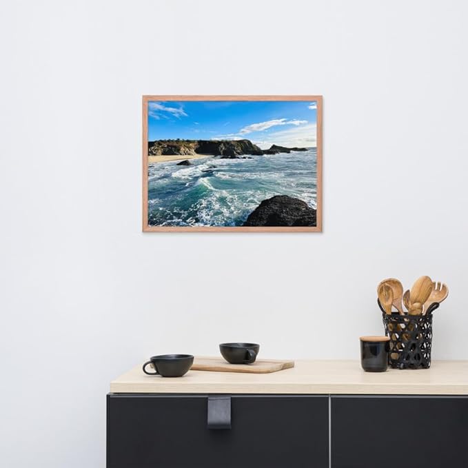 Bodega Bay Coastal Wall Art – Framed Ocean Photography Print – California Nature Landscape Poster – Seascape Decor for Living Room or Bedroom (18x24 inches) - Wooden Framed (Red Oak)
