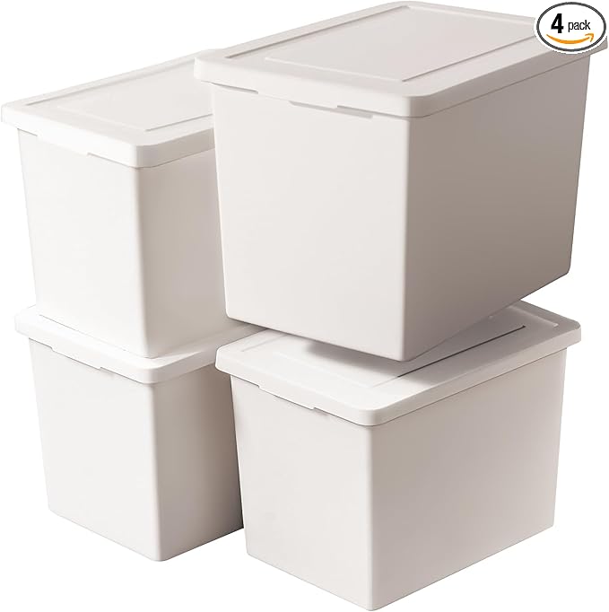 LightGray Storage Bins with lids,Stackable Plastic Boxes Set of 4,Storage busket with handle for Organizing Snacks, Crafts,Crafts, Tools,books (LightGray, 4XL)