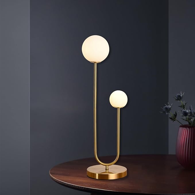 Mid Century Gold Globe Table Lamp Modern U-Shape 2-Light Desk Table Light with Milk White Glass Shade Metal Base Nightstand Lamp for Bedroom Bedside,G9 Bulb(Not Included)