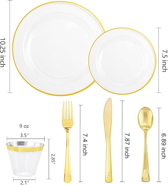 SUT 150 PCS Gold Plastic Plates, Disposable Clear Gold Dinnerware Set with Cups, Includes: 25 Dinner Plates, 25 Dessert plates, 25 Cutlery, 25 Cups, Prefect for Party, Wedding & Shower