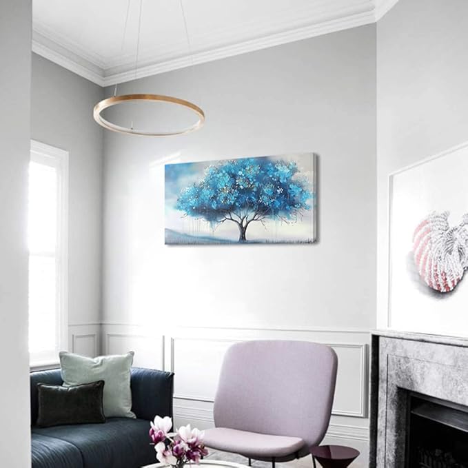 Blue Tree and White Petals Flowers Plants Wall Art Decor Artwork for Bedroom (20x40 Inches)