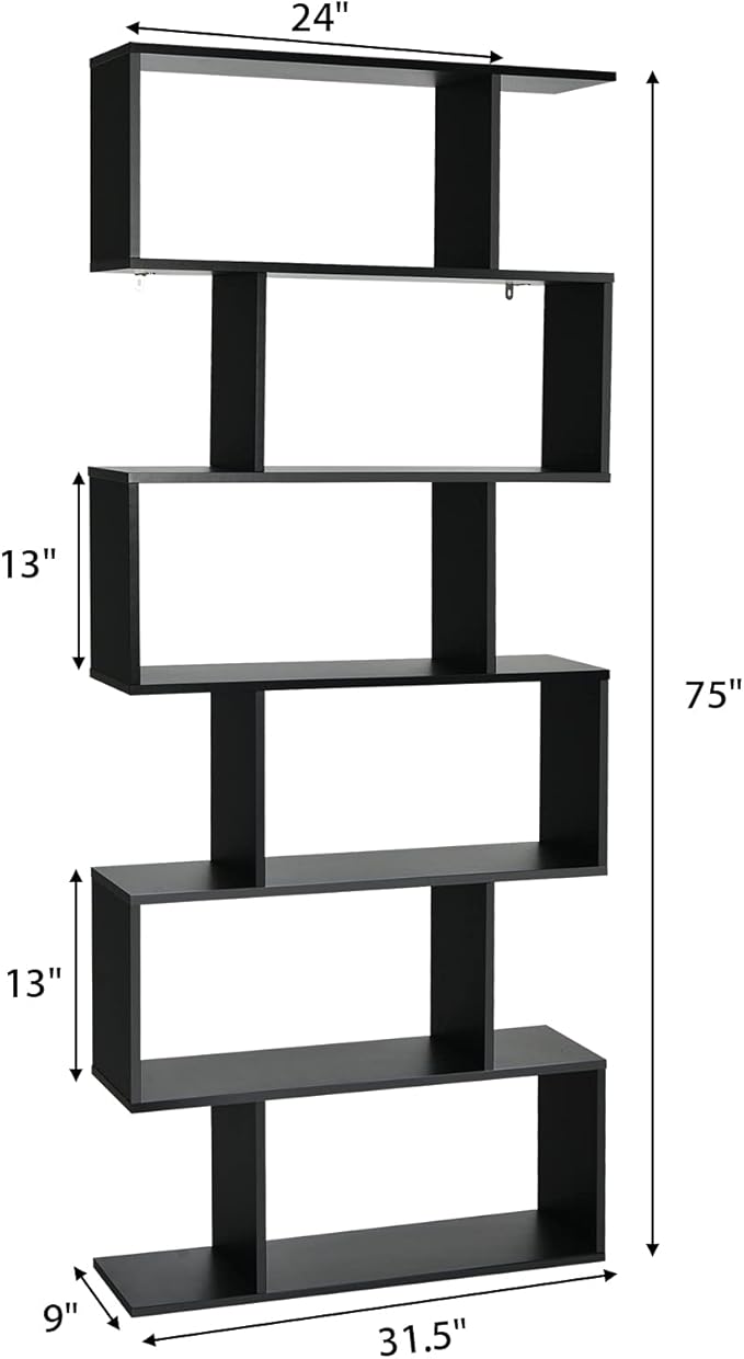 Tangkula 6-Tier Geometric Bookcase, Modern S-Shaped Storage Display Bookshelf for Living Room, Anti-Toppling Device, Home Office Wooden 6 Shelf Open Bookcase (2, Black)
