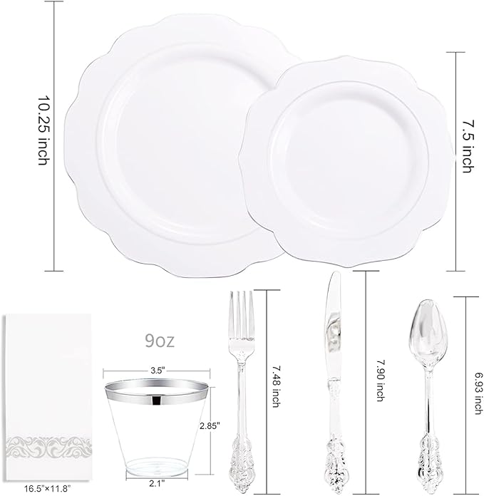 NOCCUR 175pcs Silver Plastic Plates - Christmas Plates - Silver Rim Plastic Tableware Include 25 Dinner Plates, 25 Dessert Plates, 25 Forks, 25 Knives, 25 Spoons for Wedding&Party