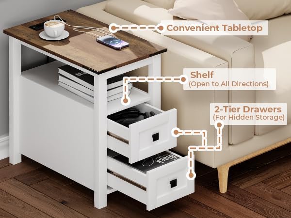 Farmhouse End Table with Charging Station and 2 Storage Drawers, White Wood Nightstand Narrow, Skinny Side Table Rustic, Slim Bedside Table, Open Shelf, Small for Bedroom, Living Room, Sofa