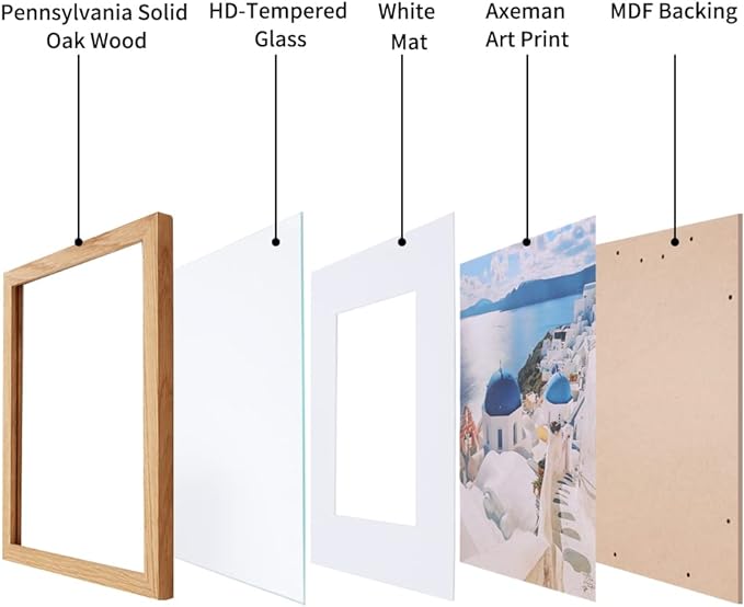 Axeman 12x12 Picture Frame with Mat for 8x8, Solid Oak Wood Square Picture Frame with Tempered Glass, Natural Wooden 12x12 inch Photo Frame for Wall Home Decor Art Photo and Prints, Natural