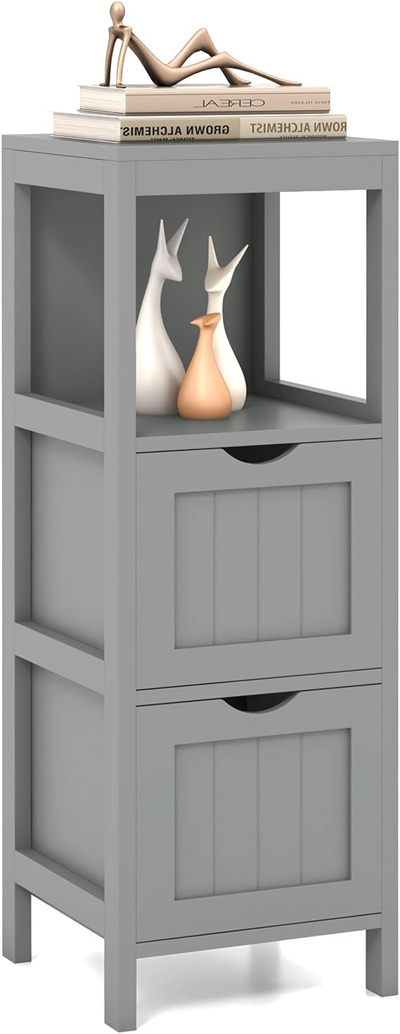 Tangkula Small Bathroom Storage Cabinet with 2 Removable Drawers, Wood Freestanding Floor Cabinet for Bathroom, Anti-Tipping Device, Side Corner Cabinet for Small Spaces (Grey)