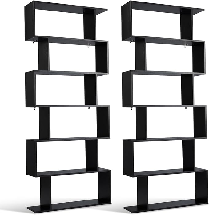 Tangkula 6-Tier Geometric Bookcase, Modern S-Shaped Storage Display Bookshelf for Living Room, Anti-Toppling Device, Home Office Wooden 6 Shelf Open Bookcase (2, Black)