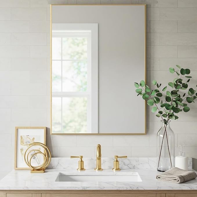 24x30 Inch Gold Bathroom Mirror - Copper-Free Mirror, Aluminum Alloy Frame Vanity Rectangle Wall Mounted Modern Mirror for Bedroom/Living Room/Porch Horizontal or Vertical