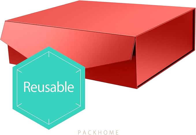 PACKHOME 17x14.5x5.5 Inches, Extra Large Gift Box with Lid, Magnetic Closure Box for Clothes and Large Gifts (Glossy Red)