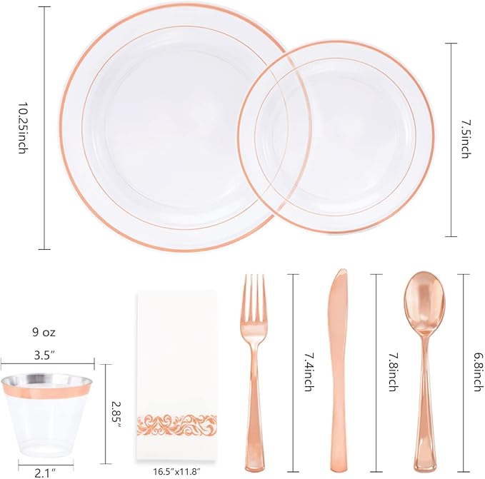 DaYammi 350Pcs Rose Gold Dinnerware Set Include: 50 Dinner Plates 10.25’’,50 Dessert Plates 7.5’’,50 Rose Gold Cutlery,50 Disposable Cups 9 OZ with 50 Napkins for Party