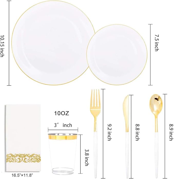 Supernal 350pcs Gold Plastic Dinnerware Set for 50 Guests,Fancy Disposable Plates for Party,Gold Plastic Silverware with White Handle,Disposable White Plates Wedding,Birthday
