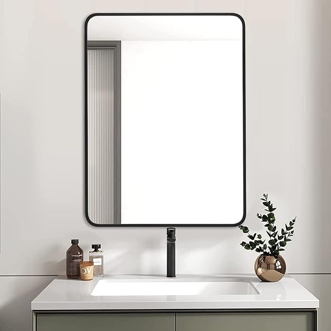 24"x32" Bathroom Wall Mirror with Matte Black Metal Frame & HD Glass, Copper-Free Mirrors Modern Rectangle Round Corner Framed Vanity Mirror - Horizontal or Vertical Installation